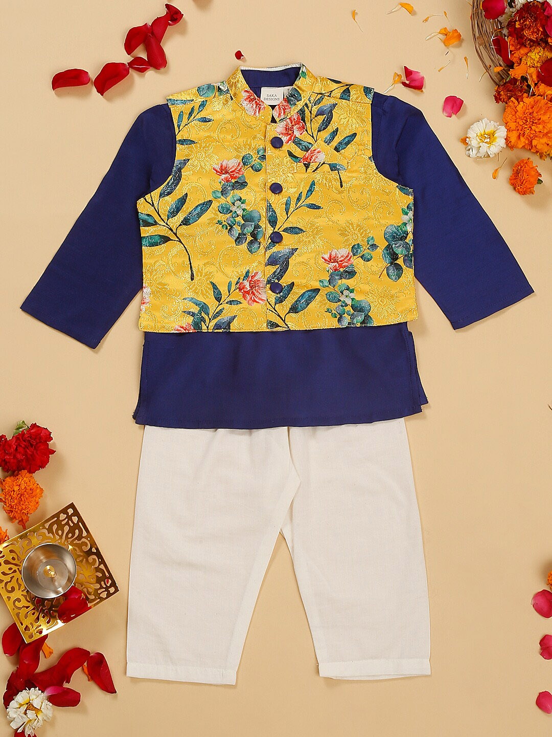 

SAKA DESIGNS Boys Regular Pure Cotton Kurta with Pyjamas & Jacket, Yellow