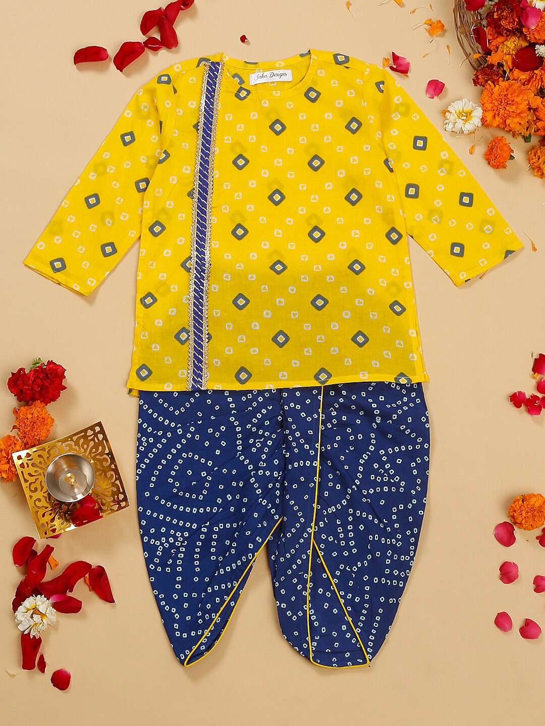 

SAKA DESIGNS Boys Bandhani Printed Regular Pure Cotton Kurta with Dhoti Pants, Yellow