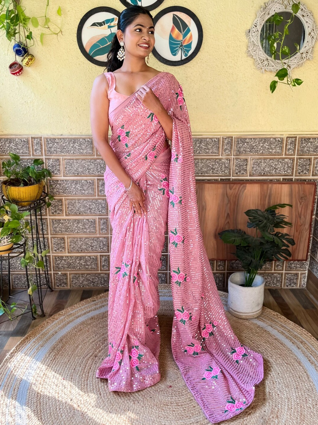 

Sadika Floral Embroidered Sequinned Saree, Lavender