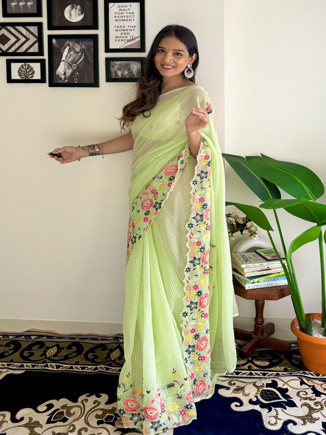 

Sadika Embellished Sequinned Poly Georgette Saree, Fluorescent green