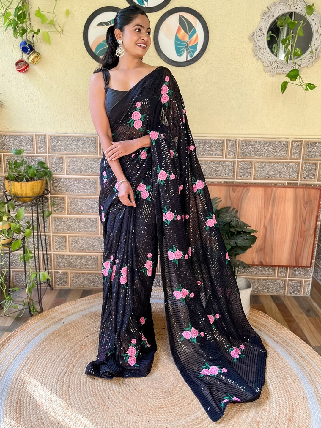 

Sadika Embellished Sequinned Poly Georgette Heavy Work Saree, Black