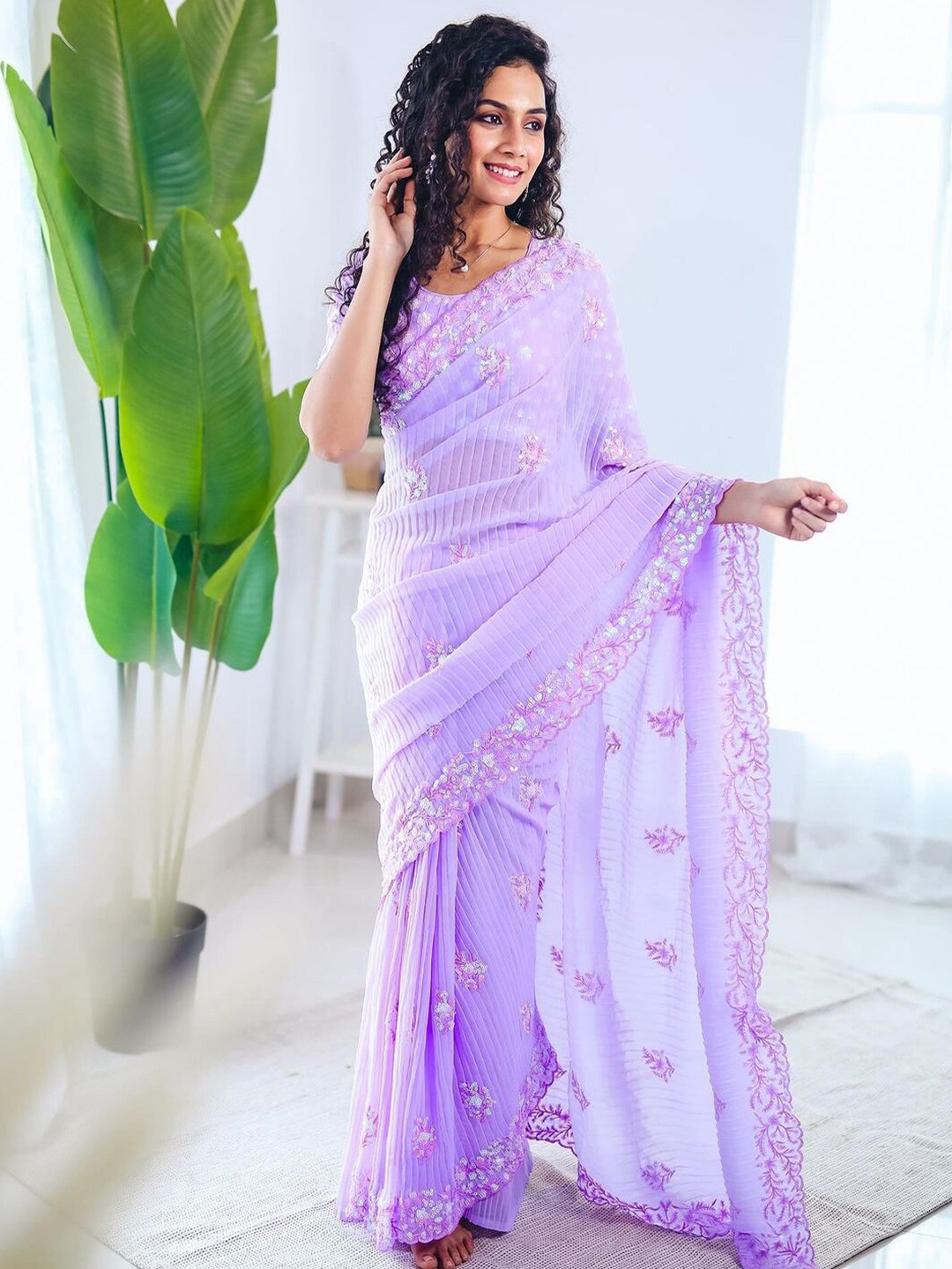 

Sadika Floral Sequinned Saree, Lavender