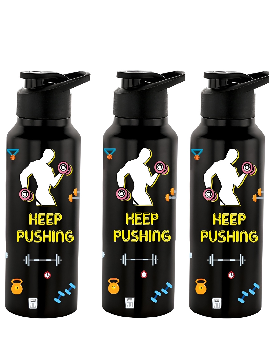 

NIRLON Black 3 Pieces Printed Stainless Steel Single Wall Vacuum Water Bottles 750 ml Each