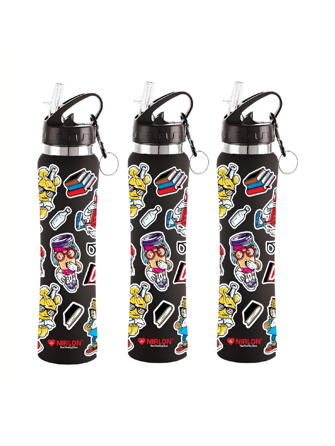 

NIRLON Black 3 Pieces Printed Stainless Steel Single Wall Vacuum Water Bottles 750 ml Each