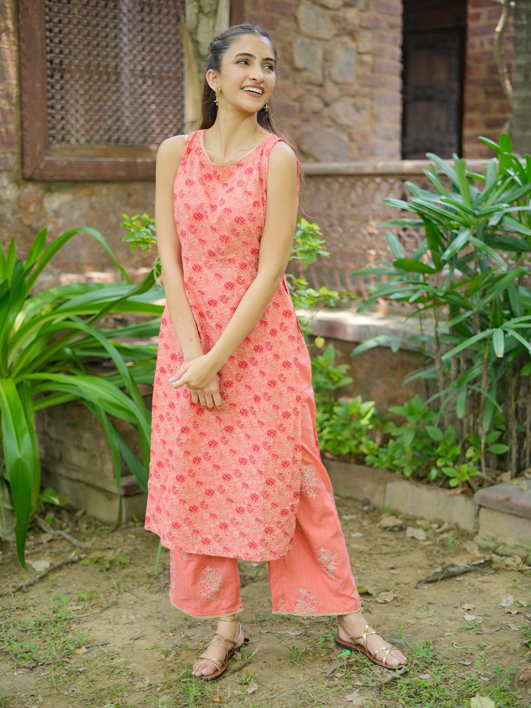 

Libas Floral Printed Gotta Patti Pure Cotton Kurta with Palazzos, Peach