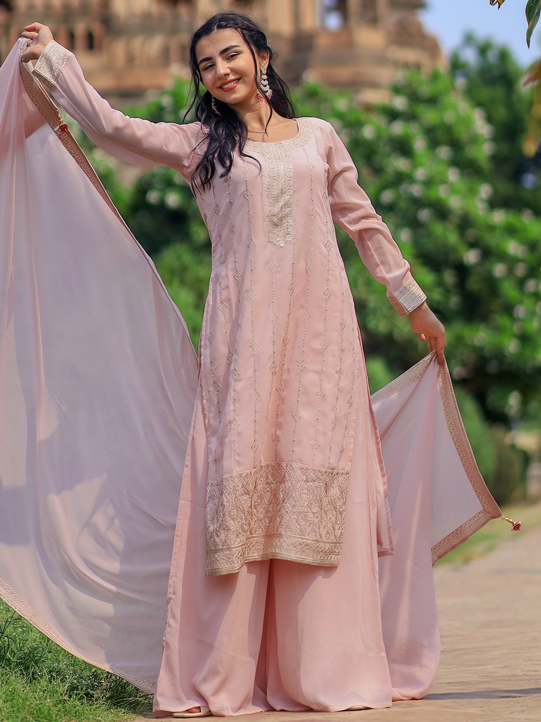 

Libas Ethnic Motifs Embroidered Sequinned Georgette Kurta with Palazzos & With Dupatta, Peach