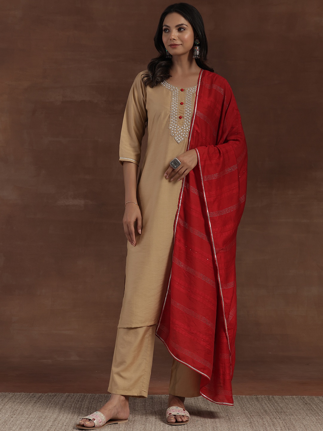 

Libas Mirror Work Straight Kurta with Palazzos & With Dupatta, Beige