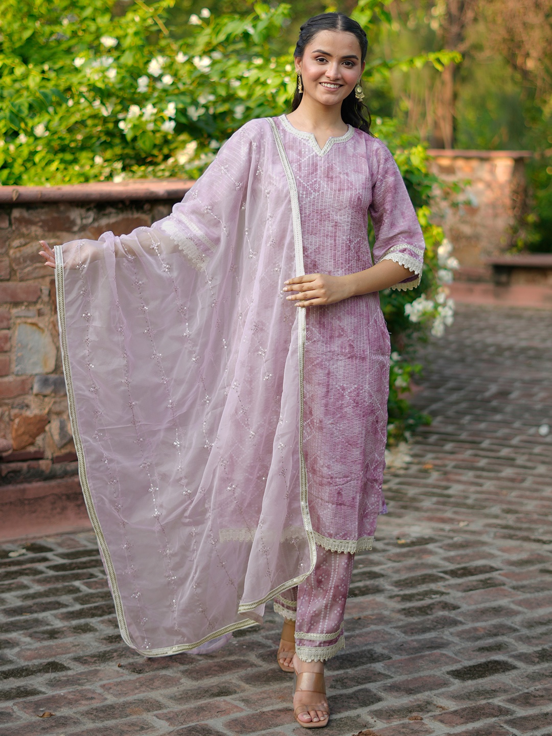 

Libas Bandhani Printed Sequinned Kurta with Trousers & With Dupatta, Purple