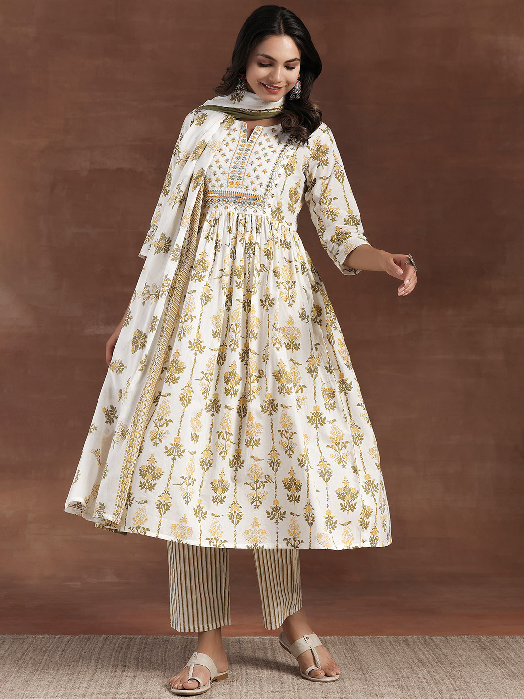 

Libas Floral Print Panelled Mirror Work Pure Cotton Anarkali Kurta with Trousers & Dupatta, Off white