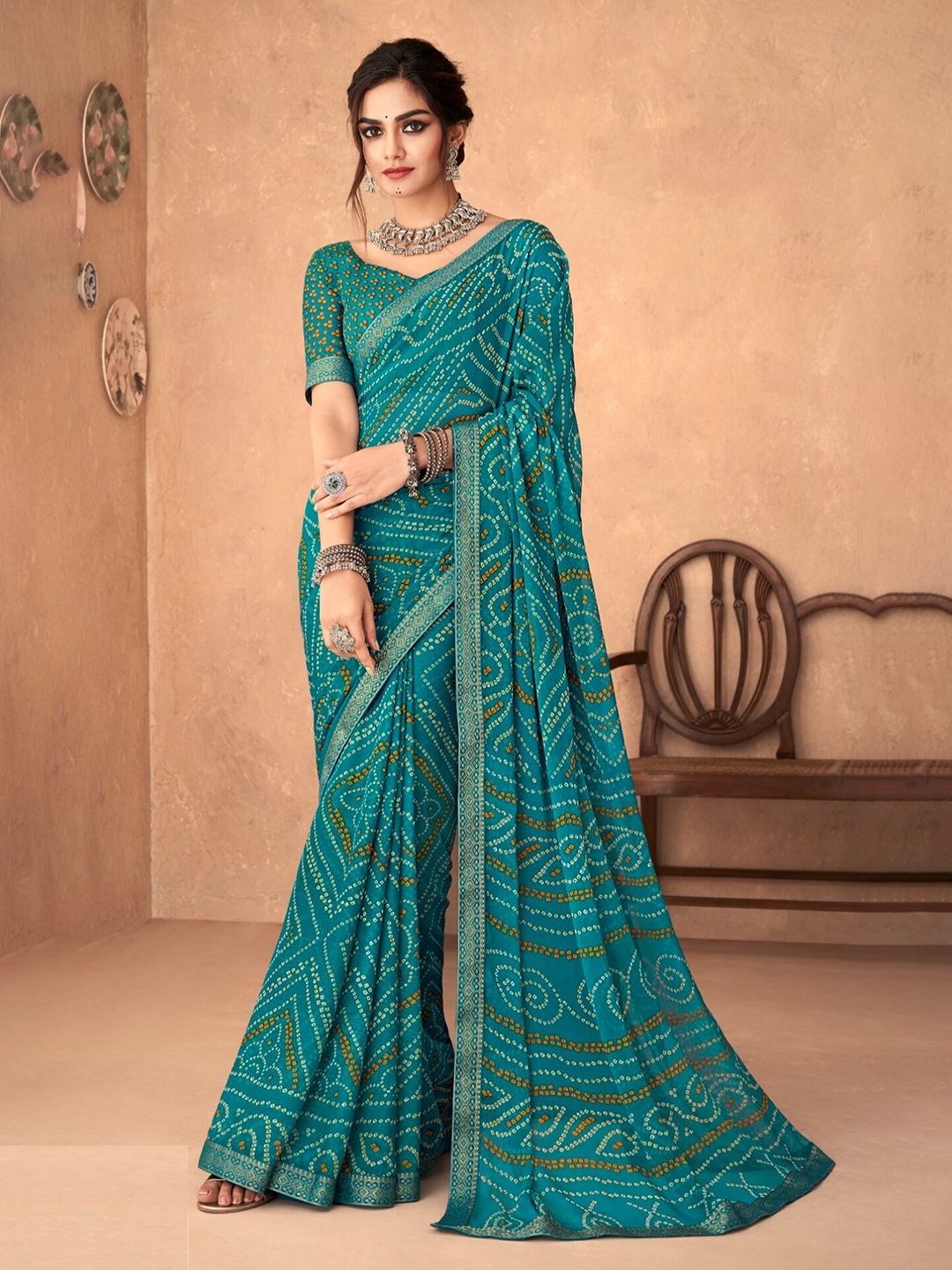

Reboot Fashions Bandhani Pure Chiffon Bandhani Saree, Teal