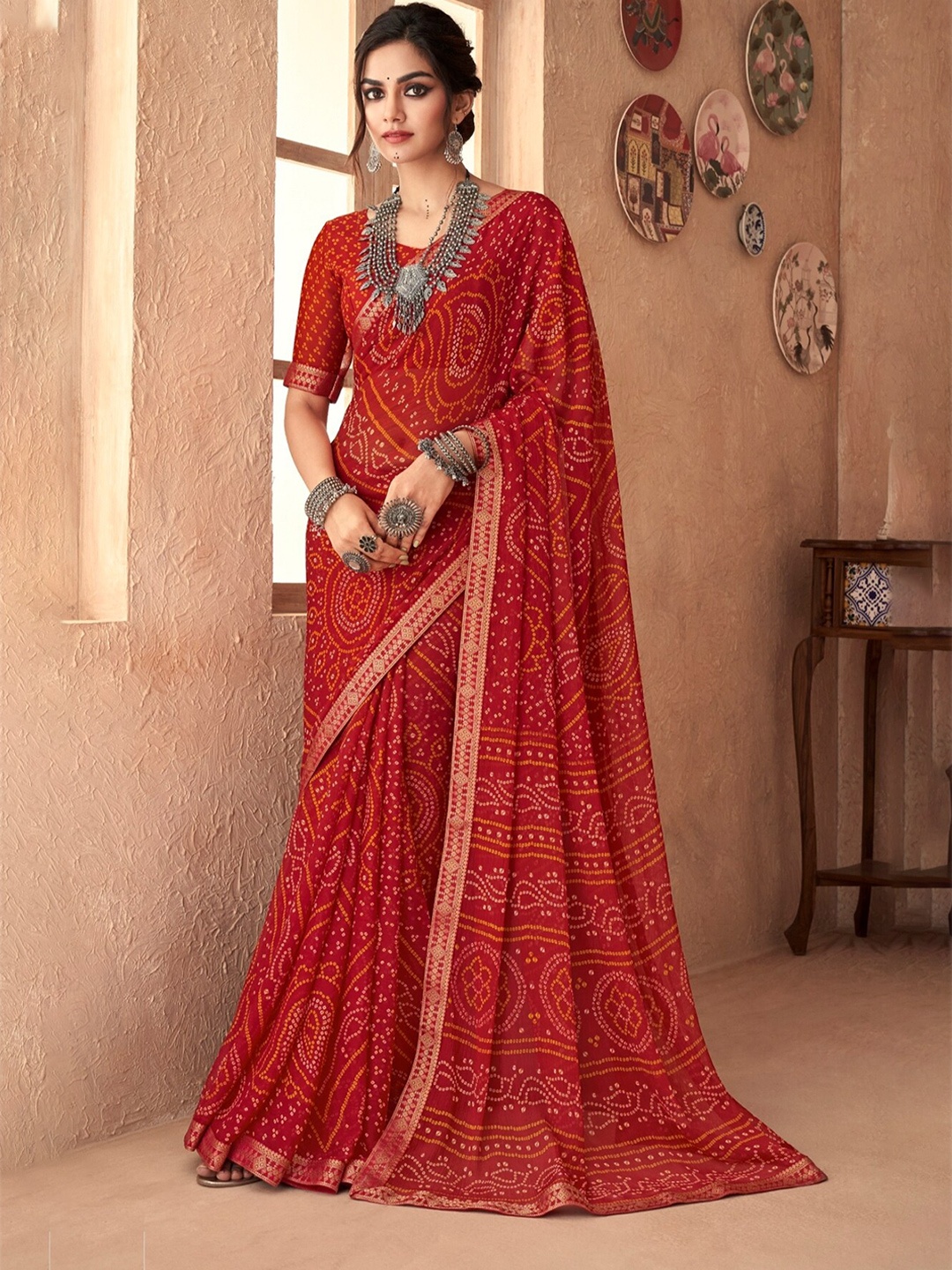 

Reboot Fashions Printed Zari Pure Chiffon Bandhani Saree, Red