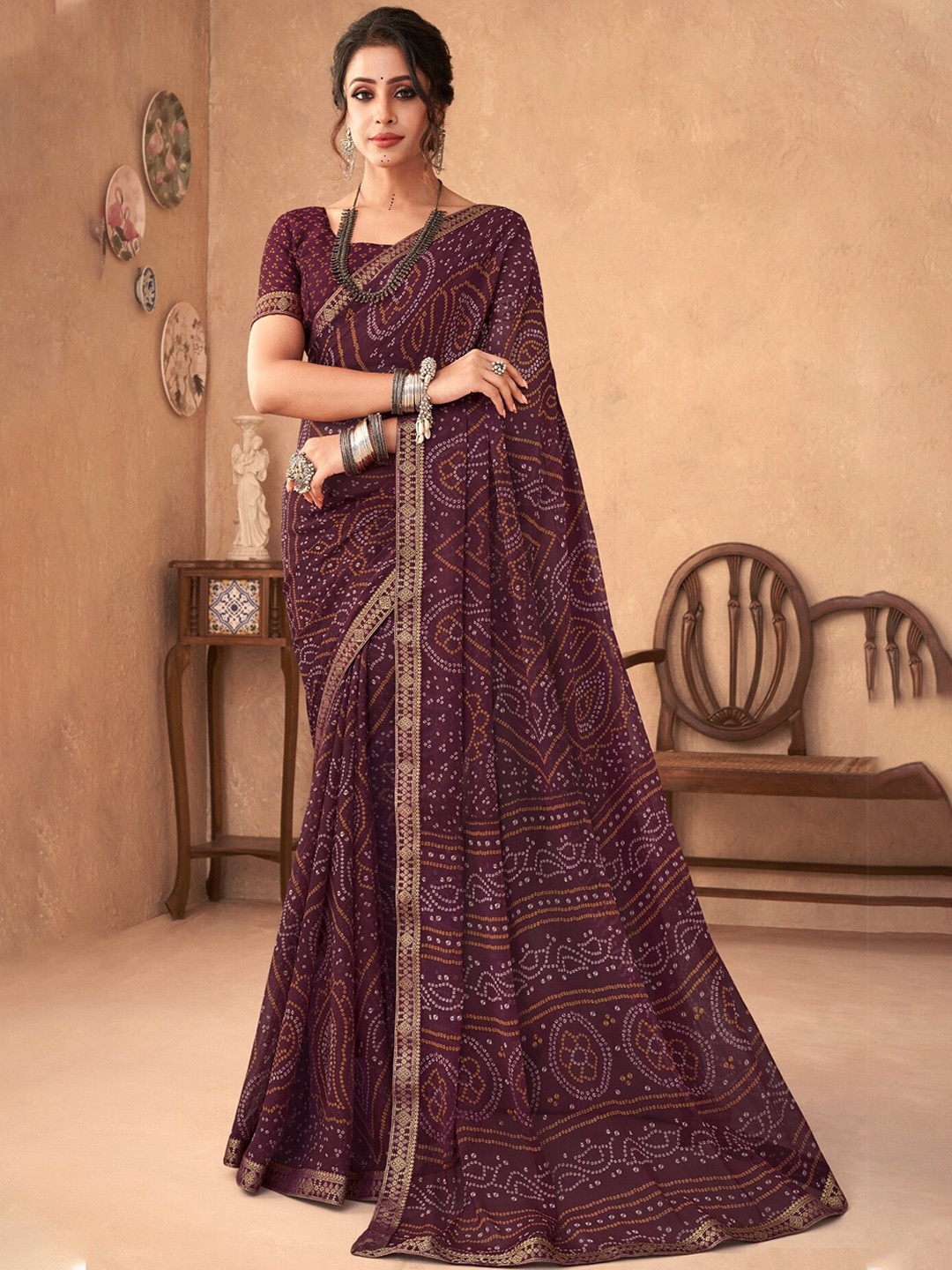 

Reboot Fashions Pure Chiffon Bandhani Saree, Coffee brown