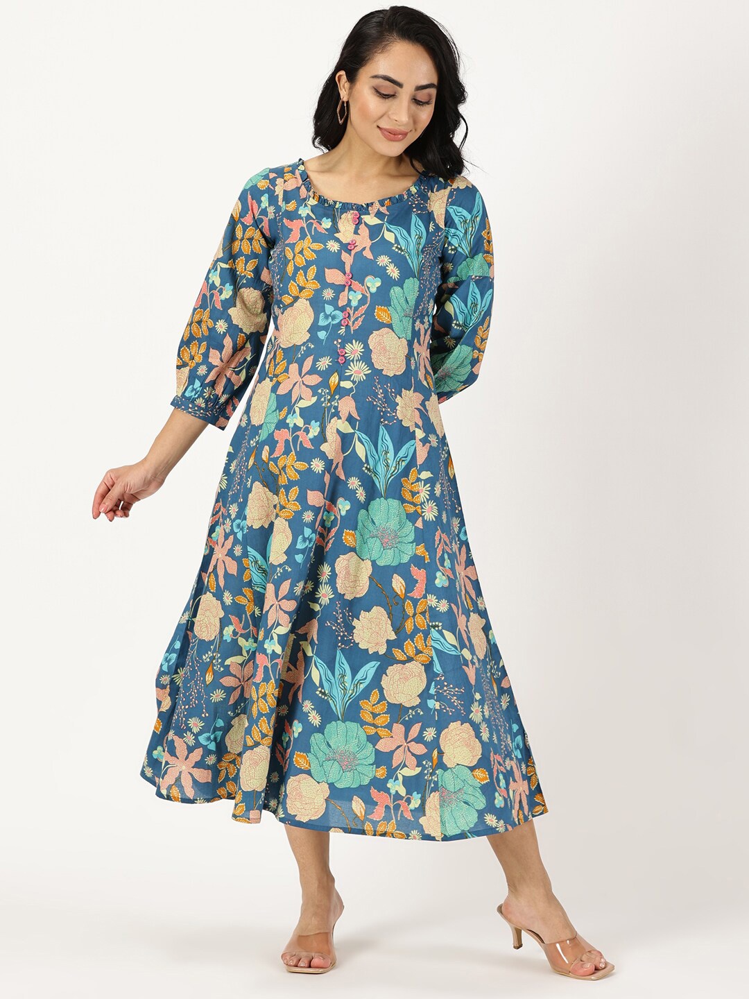 

Saffron Threads Tropical Printed Round Neck A Line Cotton Midi Dress, Blue