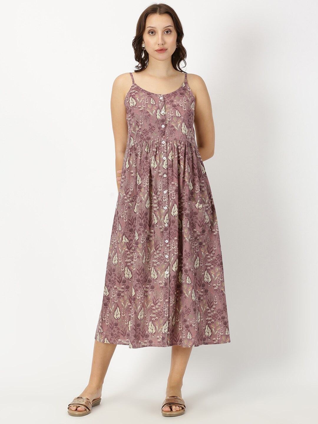 

Saffron Threads Leaf Print Strappy Midi Dress, Mauve