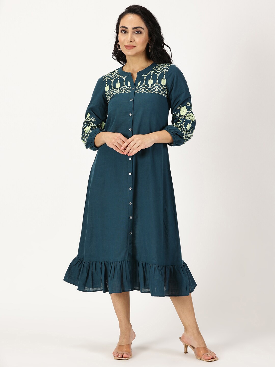 

Saffron Threads Mandarin Collar Cotton A-Line Midi Dress, Teal