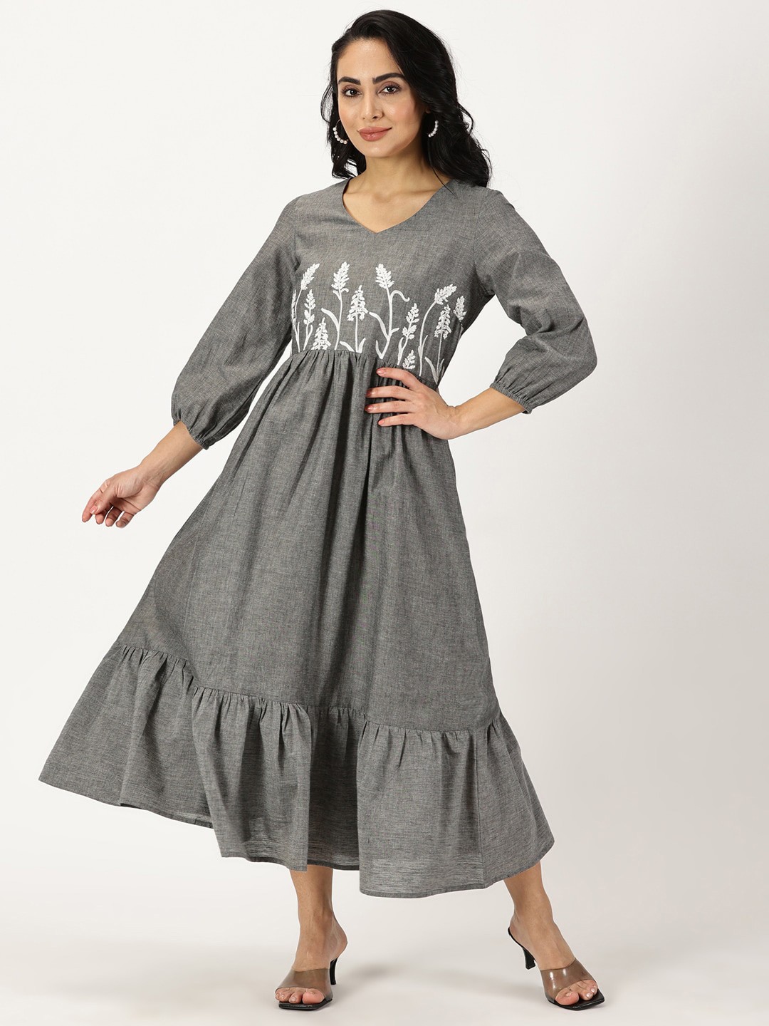 

Saffron Threads Textured Midi Dress with Yoke Embroidery, Grey