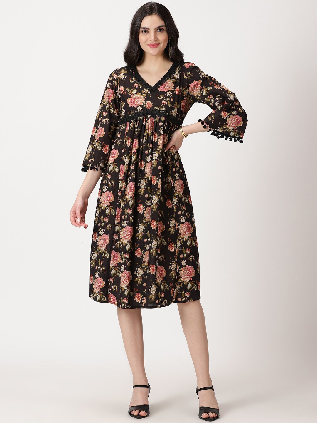 

Saffron Threads V Neck Floral Printed Cotton Fit & Flare Dress With Lace Details, Black