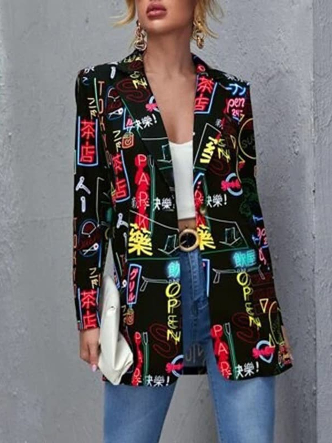

StyleCast Black Printed Notched Lapel Single Breasted Blazer
