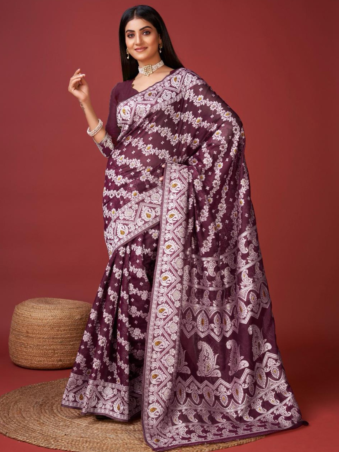 

KALINI Ethnic Motifs Woven Design Zari Saree, Burgundy