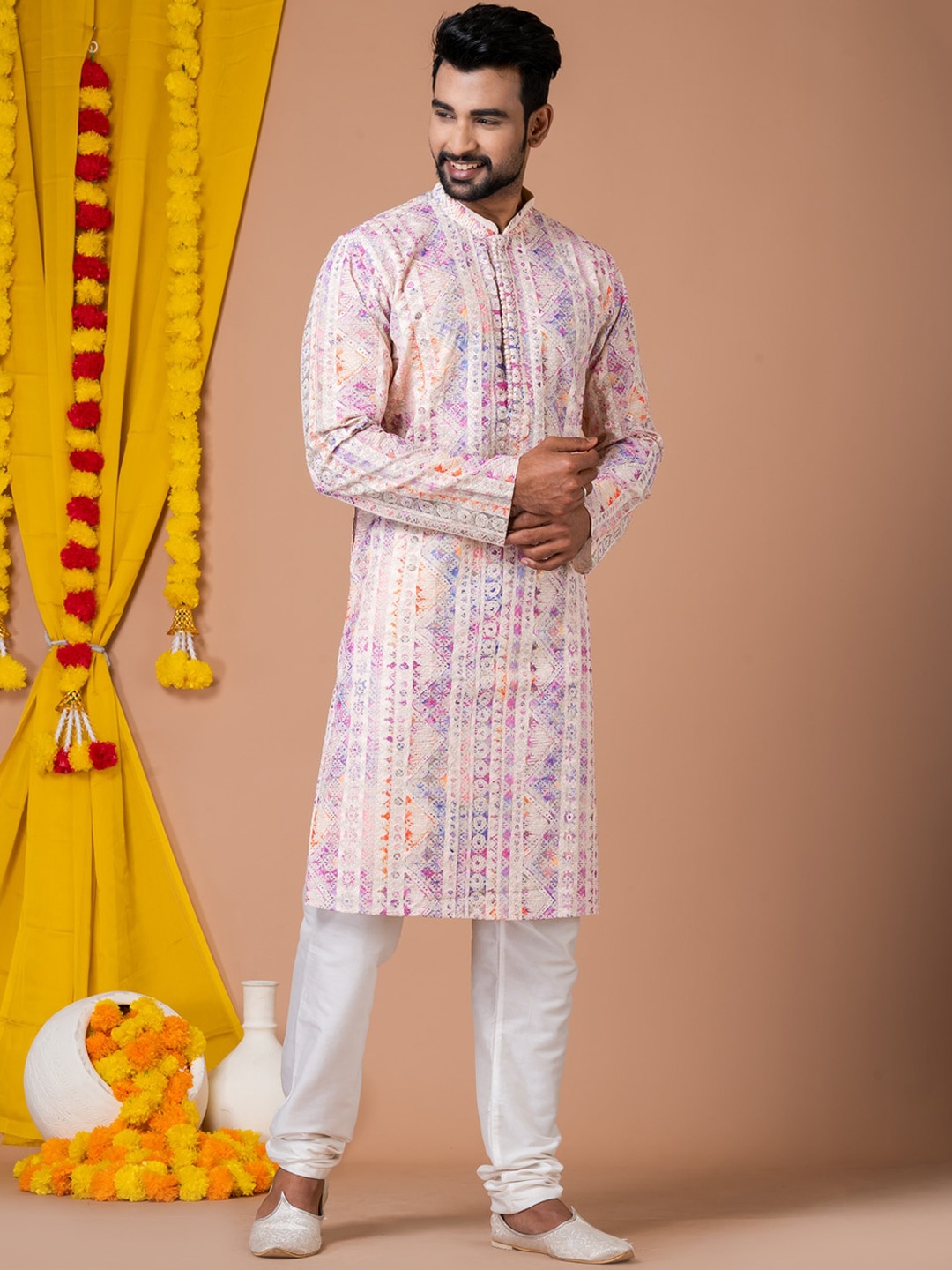 

HU - Handcrafted Uniquely Ethnic Motifs Mandarin Collar Cotton Chikankari Straight Kurta, White