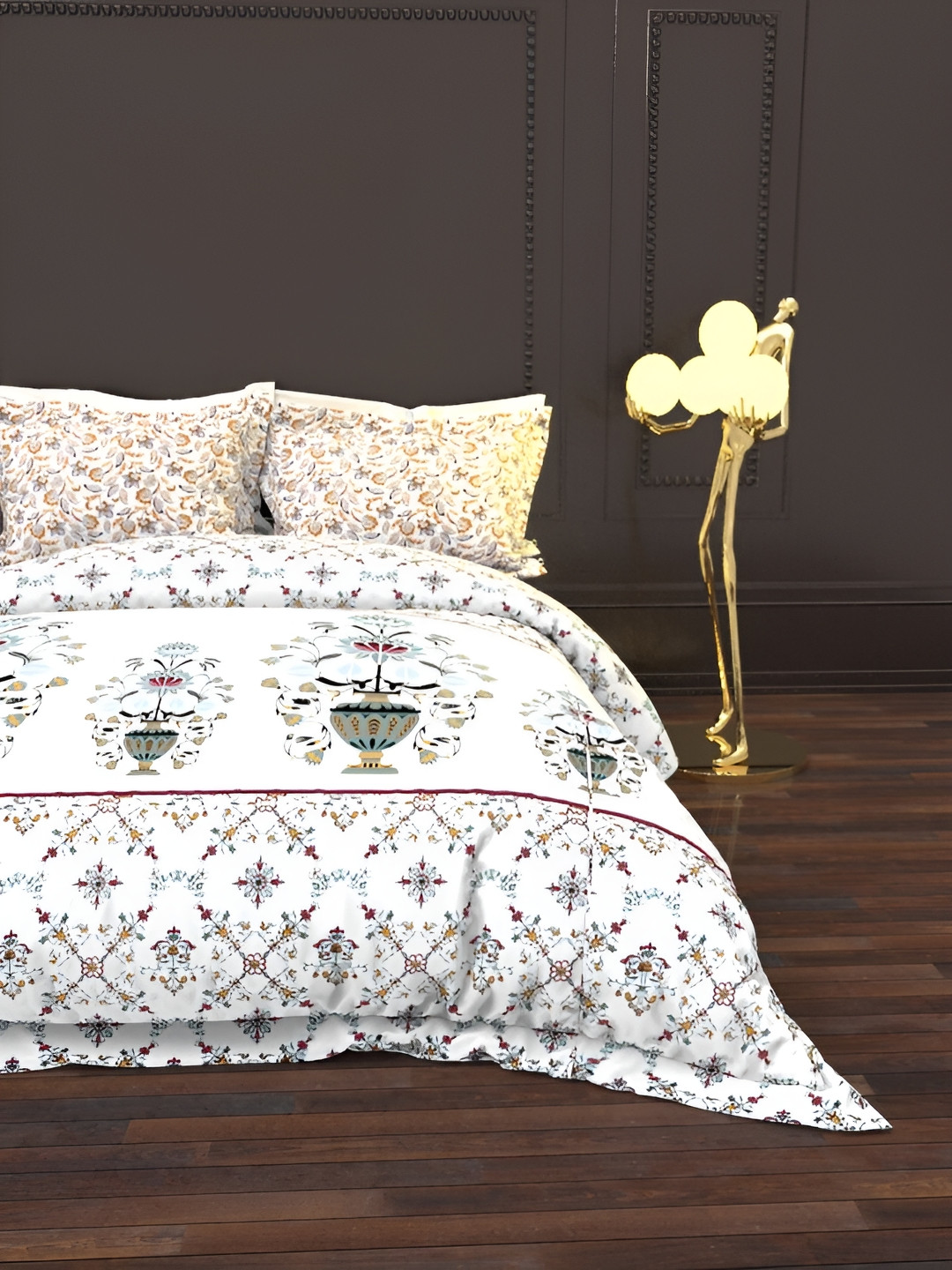 

THE WHITE MOSS White Ethnic Motifs Cotton 144 TC Queen Bedsheet With 2 Pillow Covers