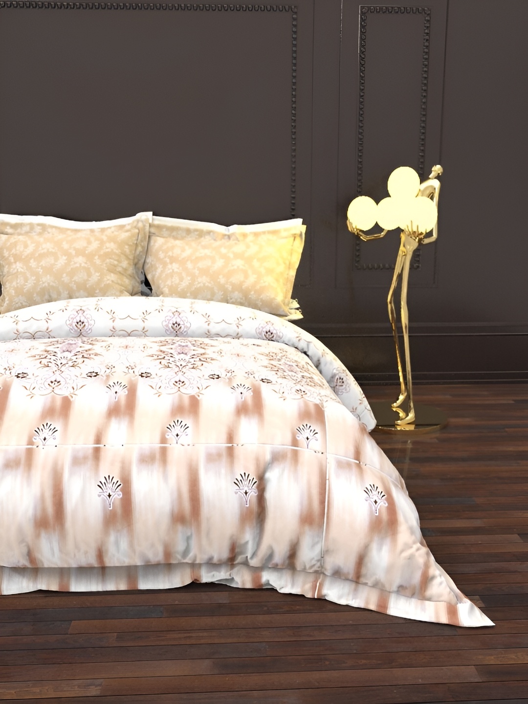 

THE WHITE MOSS White Ethnic Motifs Cotton 144 TC Queen Bedsheet with 2 Pillow Covers, Brown