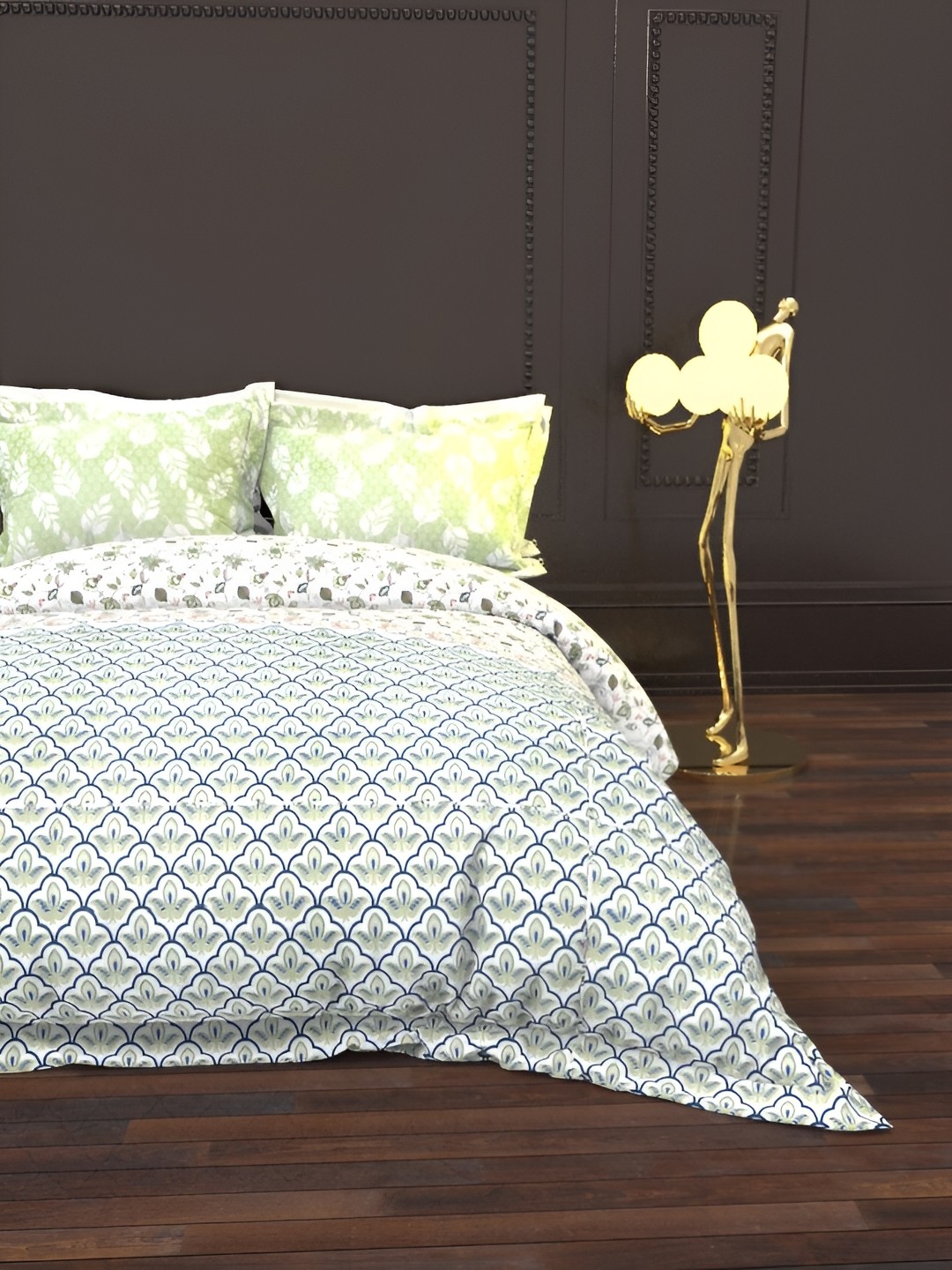 

THE WHITE MOSS White & Green Floral Cotton 144 TC Queen Bedsheet with 2 Pillow Covers