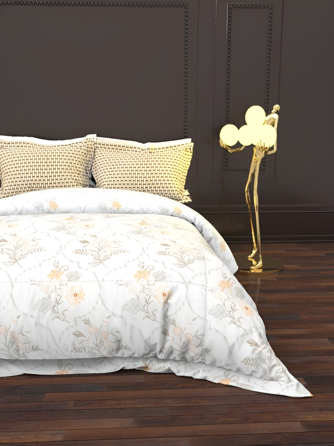 

THE WHITE MOSS Brown & White Floral Cotton 144 TC Queen Bedsheet with 2 Pillow Covers