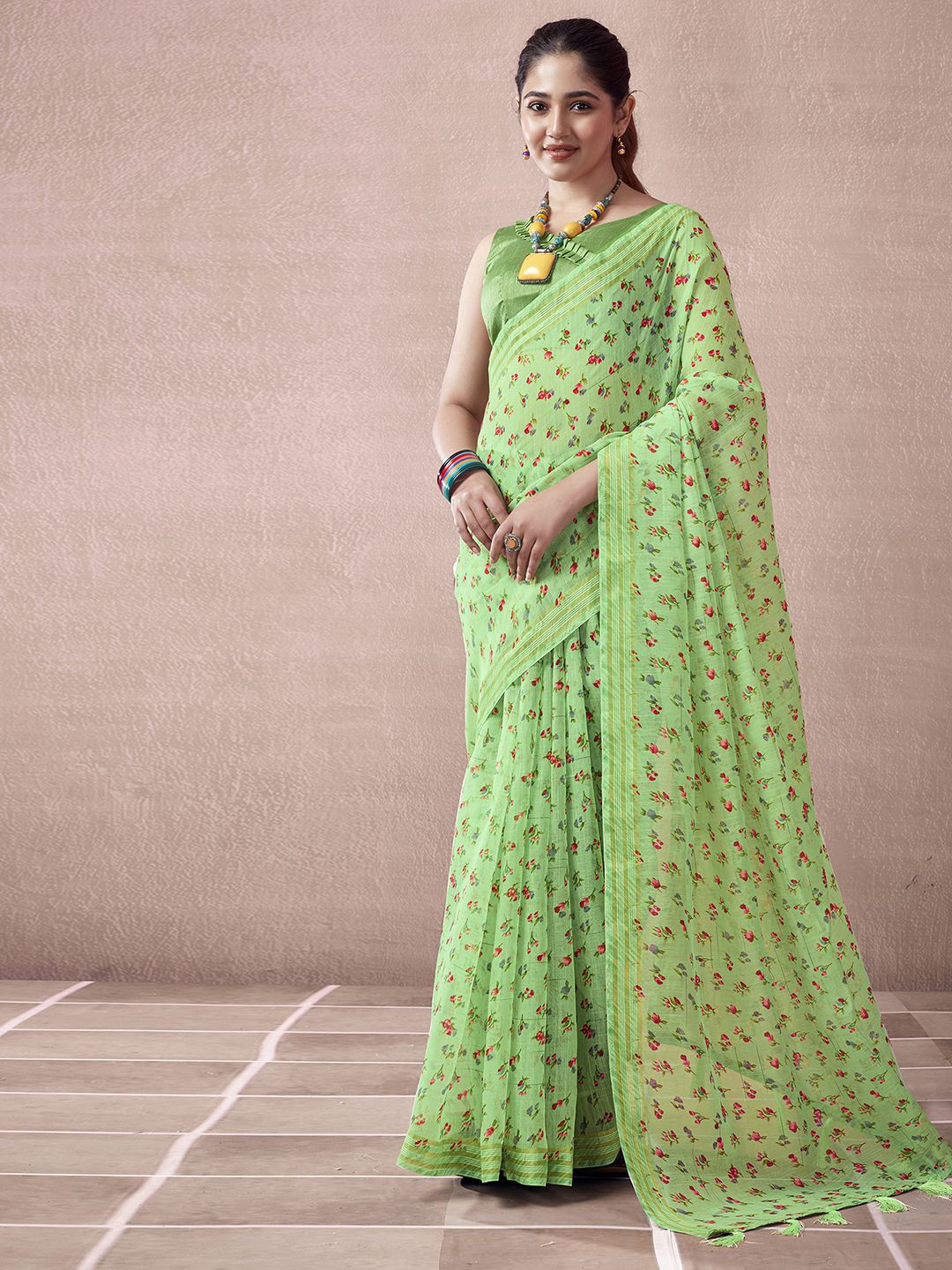 

KALINI Floral Zari Ikat Saree, Green