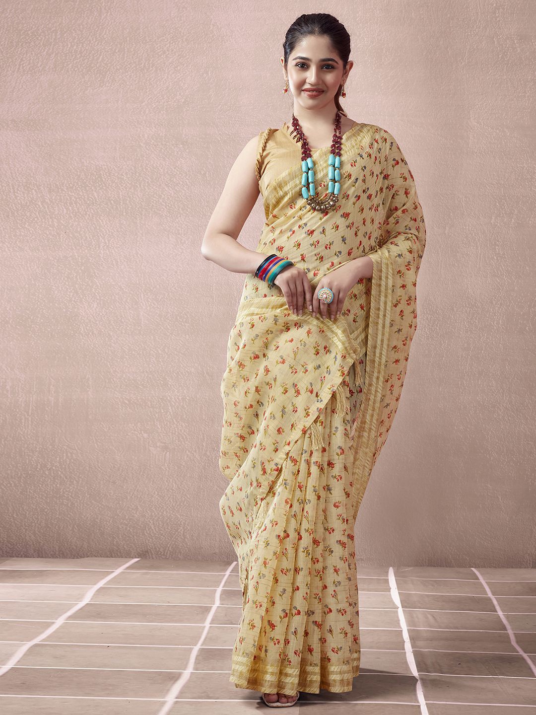 KALINI Floral Zari Designer Ikat Saree, Beige