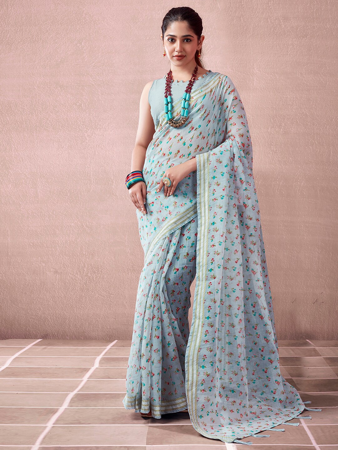 

KALINI Floral Printed Zari Saree, Grey