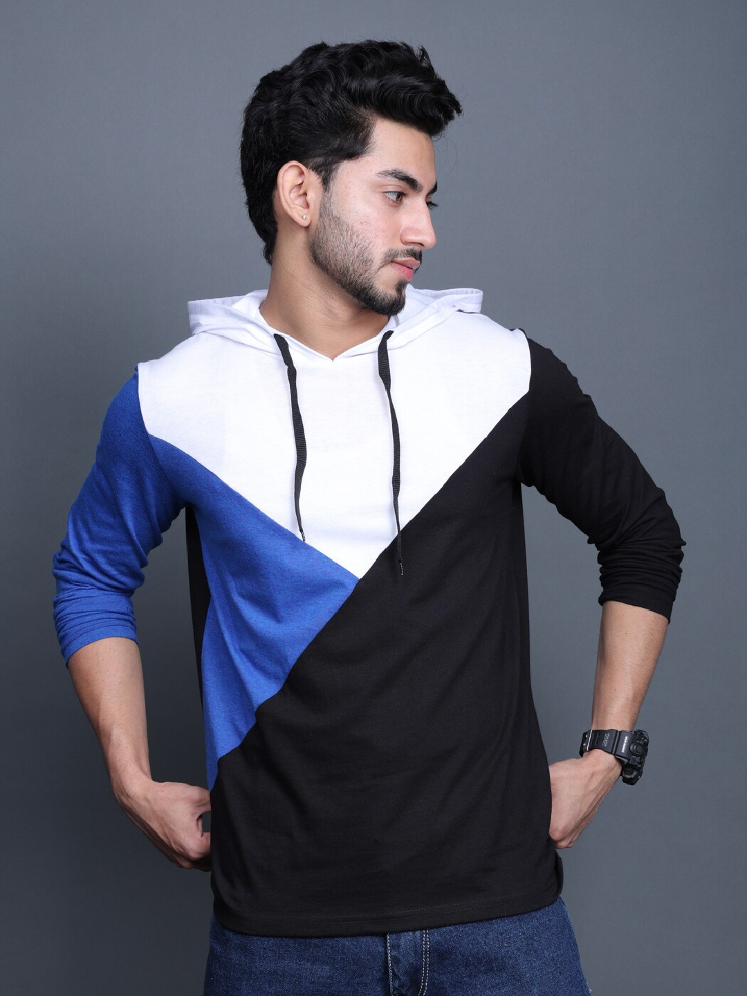 

Eyebogler Colourblocked Hooded Cotton T-shirt, Black