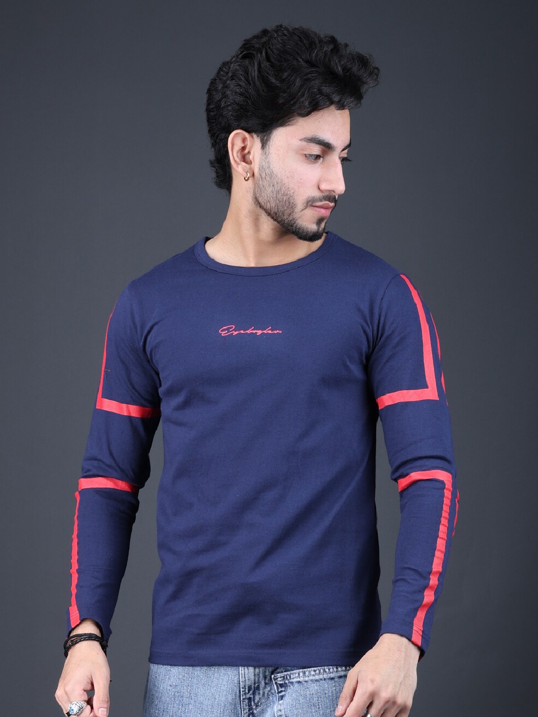 

Eyebogler Typography Printed Round Neck Cotton T-shirt, Navy blue