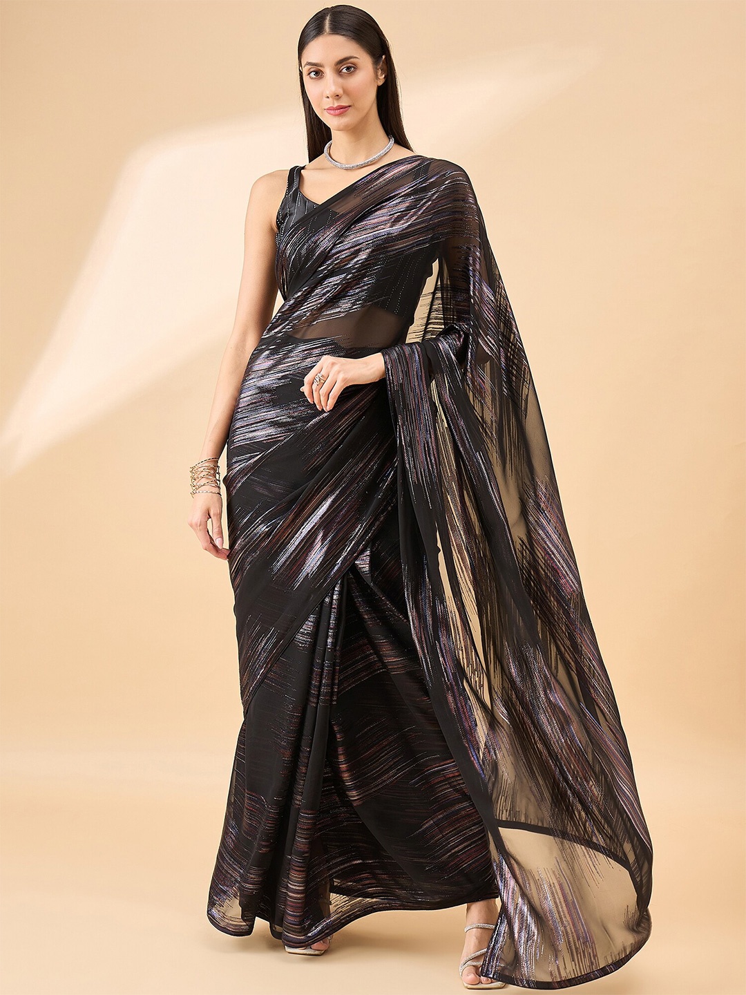 

all about you Striped Zari Pure Chiffon Ready to Wear Saree, Black