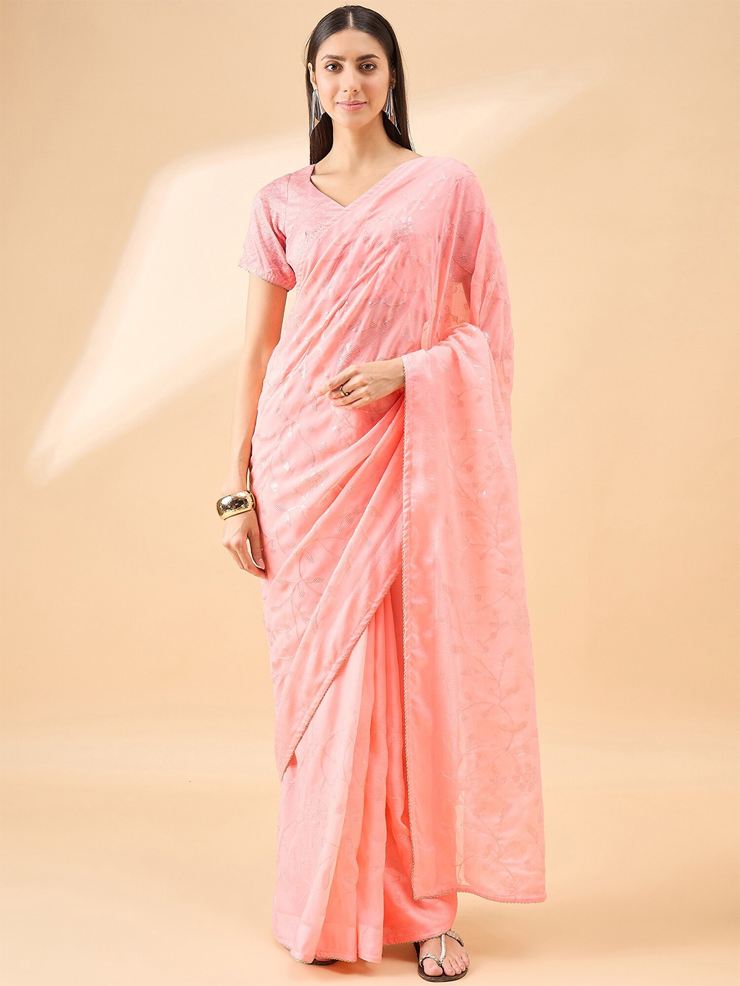 

all about you Embellished Embroidered Pure Chiffon Saree, Pink
