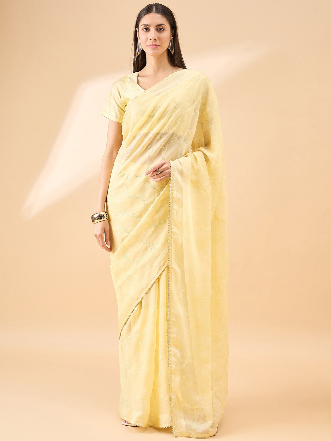 

all about you Woven Design Embroidered Pure Chiffon Saree, Yellow