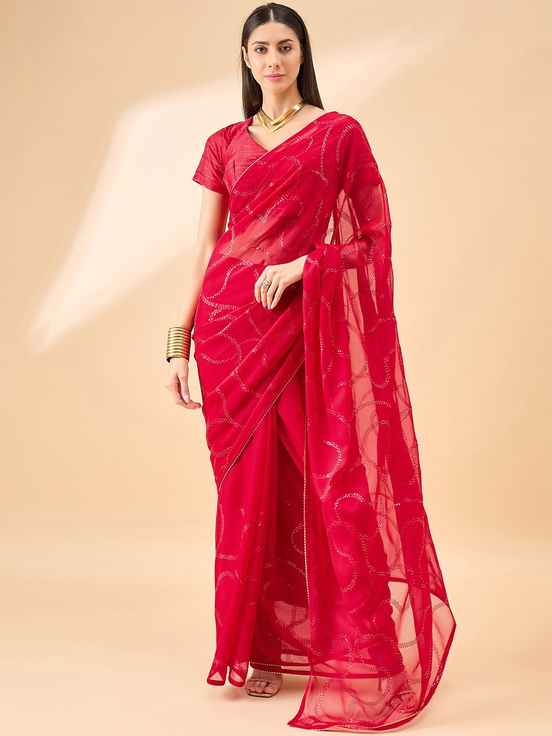 

all about you Floral Embroidered Pure Chiffon Designer Saree, Red