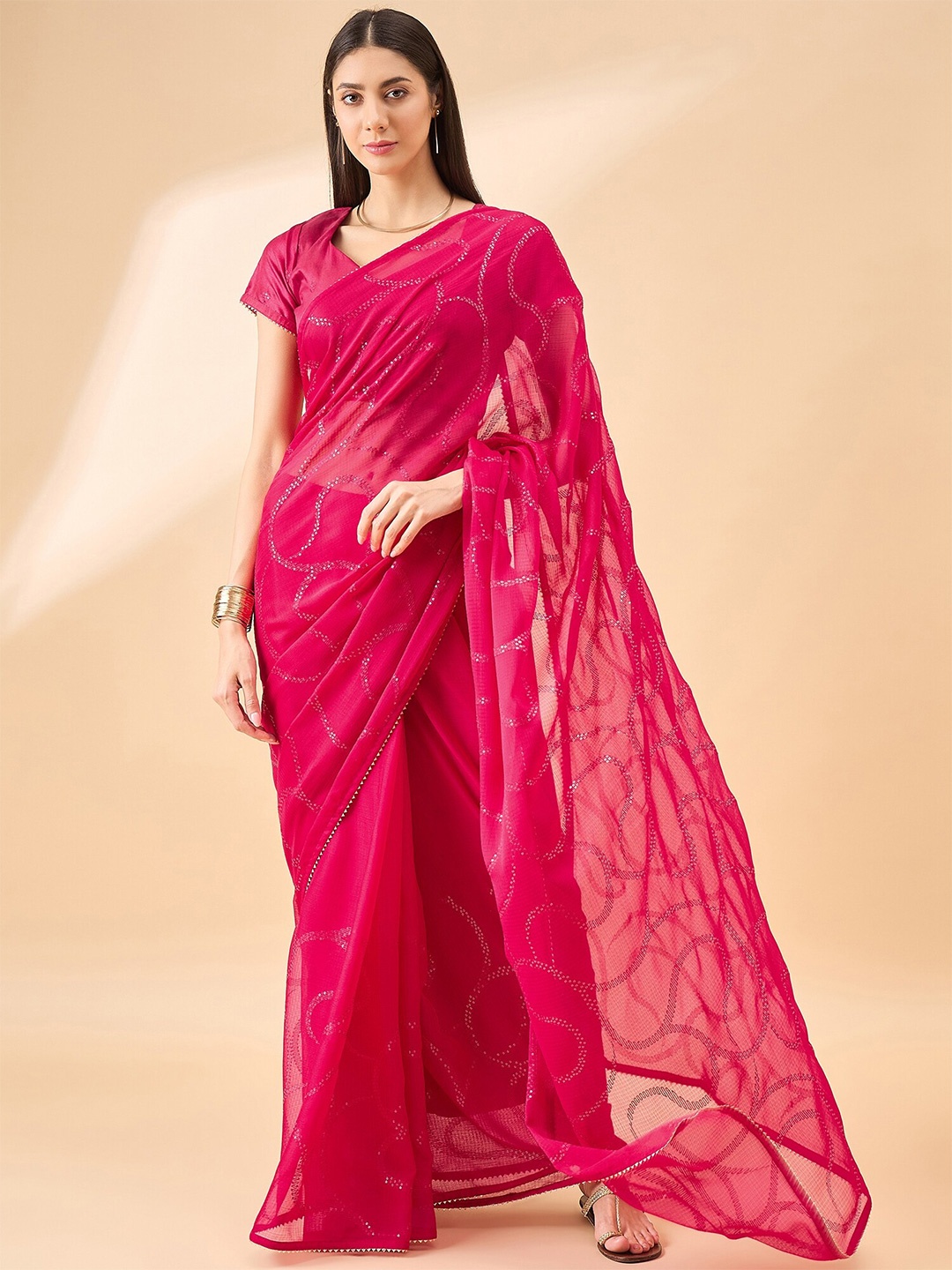

all about you Geometric Embellished Embroidered Pure Chiffon Saree, Rose