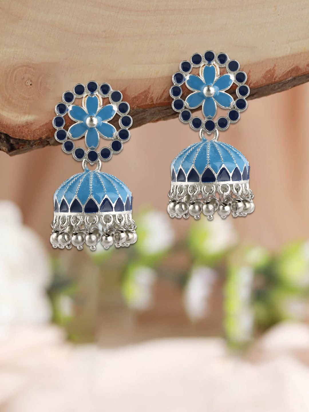 

Sangria Silver-Plated Stone-Studded Jhumkas