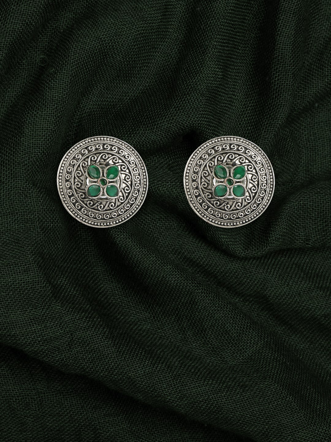

Sangria Silver-Plated Emerald Stone Studded Oxidized Brass Studs Earrings