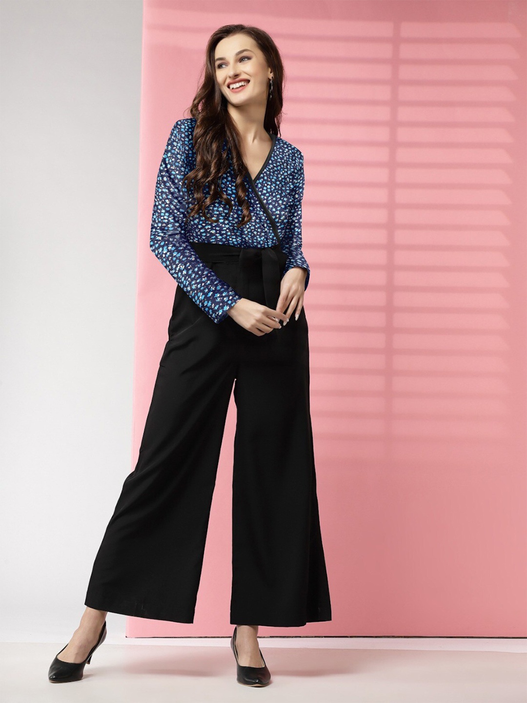 

LONDON BELLY Floral Printed Waist Tie-Ups Basic Jumpsuit, Blue