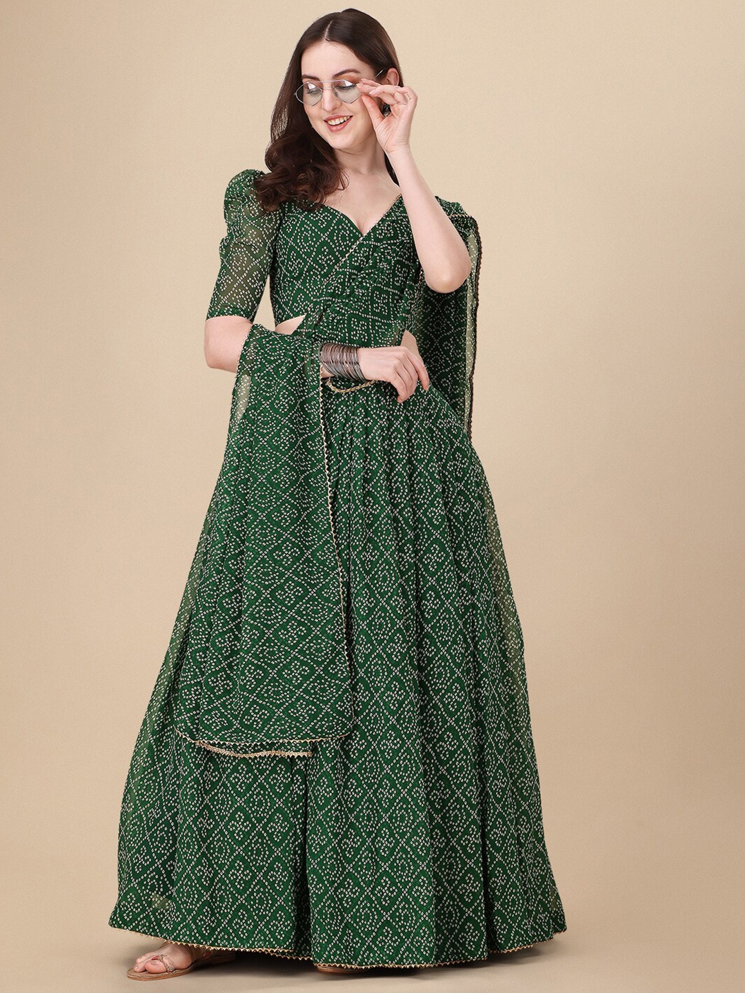 

KALINI Badhani Printed V-Neck Semi Stitched Lehenga & Unstitched Blouse With Dupatta, Green