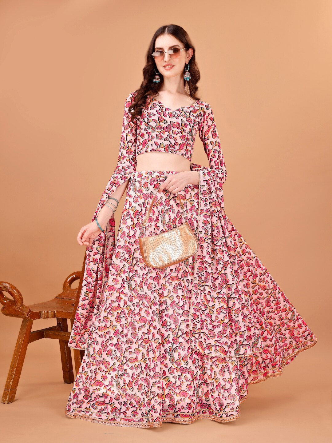 

KALINI Printed Semi-Stitched Lehenga & Unstitched Blouse With Dupatta, Red