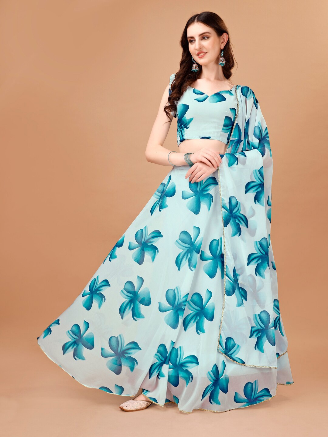 

KALINI Printed Semi-Stitched Lehenga & Unstitched Blouse With Dupatta, Turquoise blue