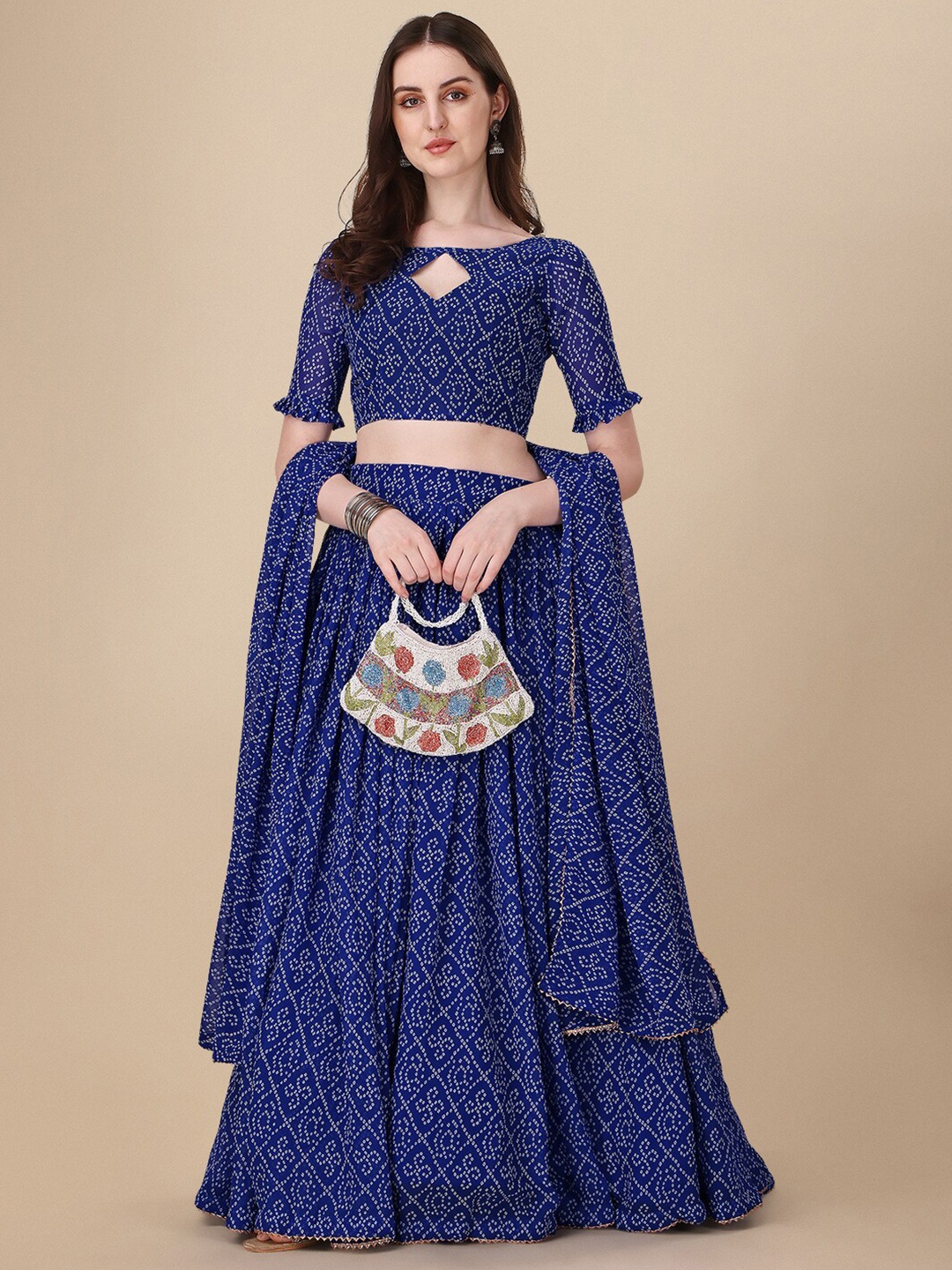 

KALINI Bandhani Printed Georgette Semi-Stitched Lehenga & Unstitched Blouse With Dupatta, Blue