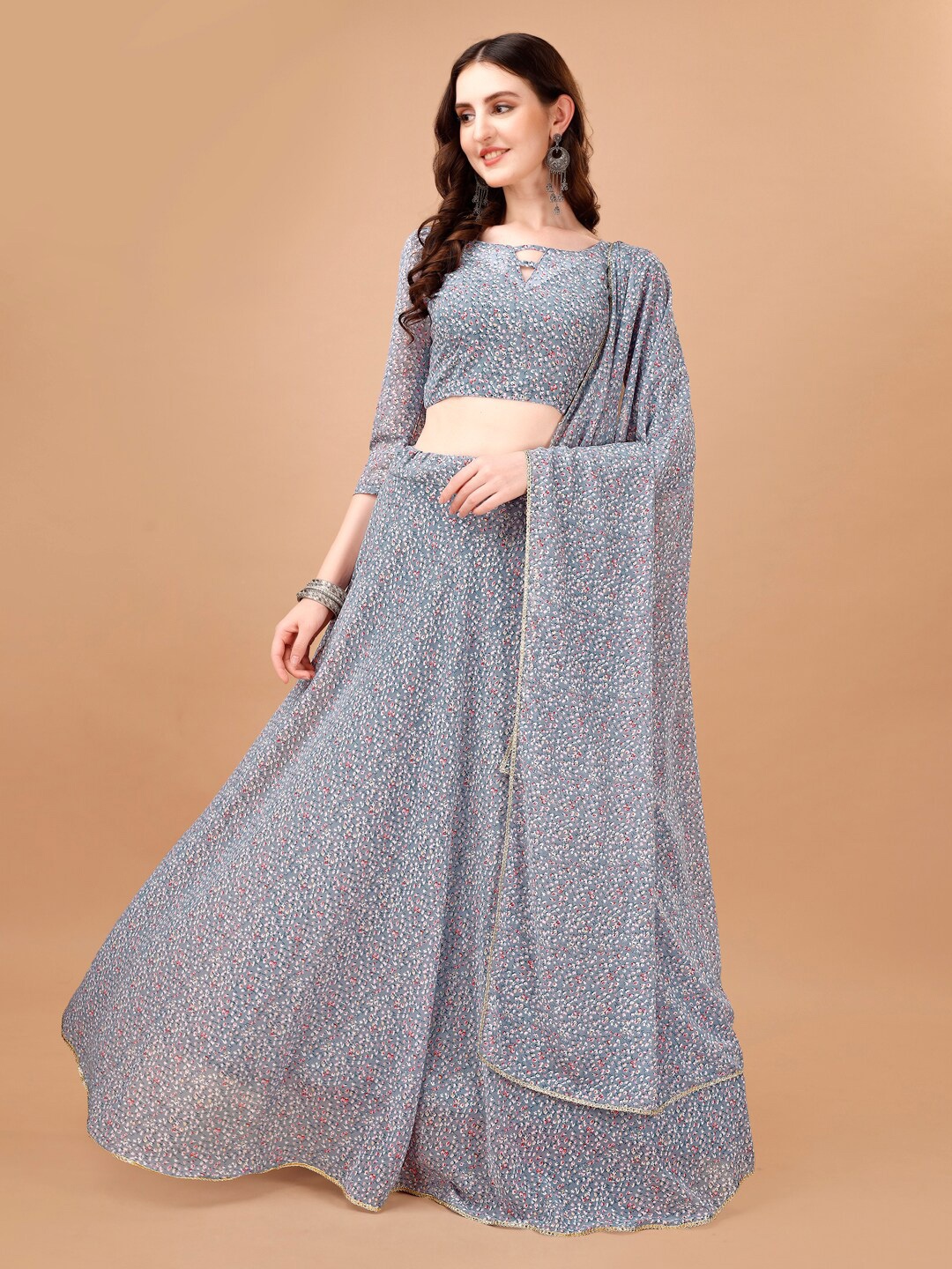 

KALINI Printed Semi-Stitched Lehenga & Unstitched Blouse With Dupatta, Grey