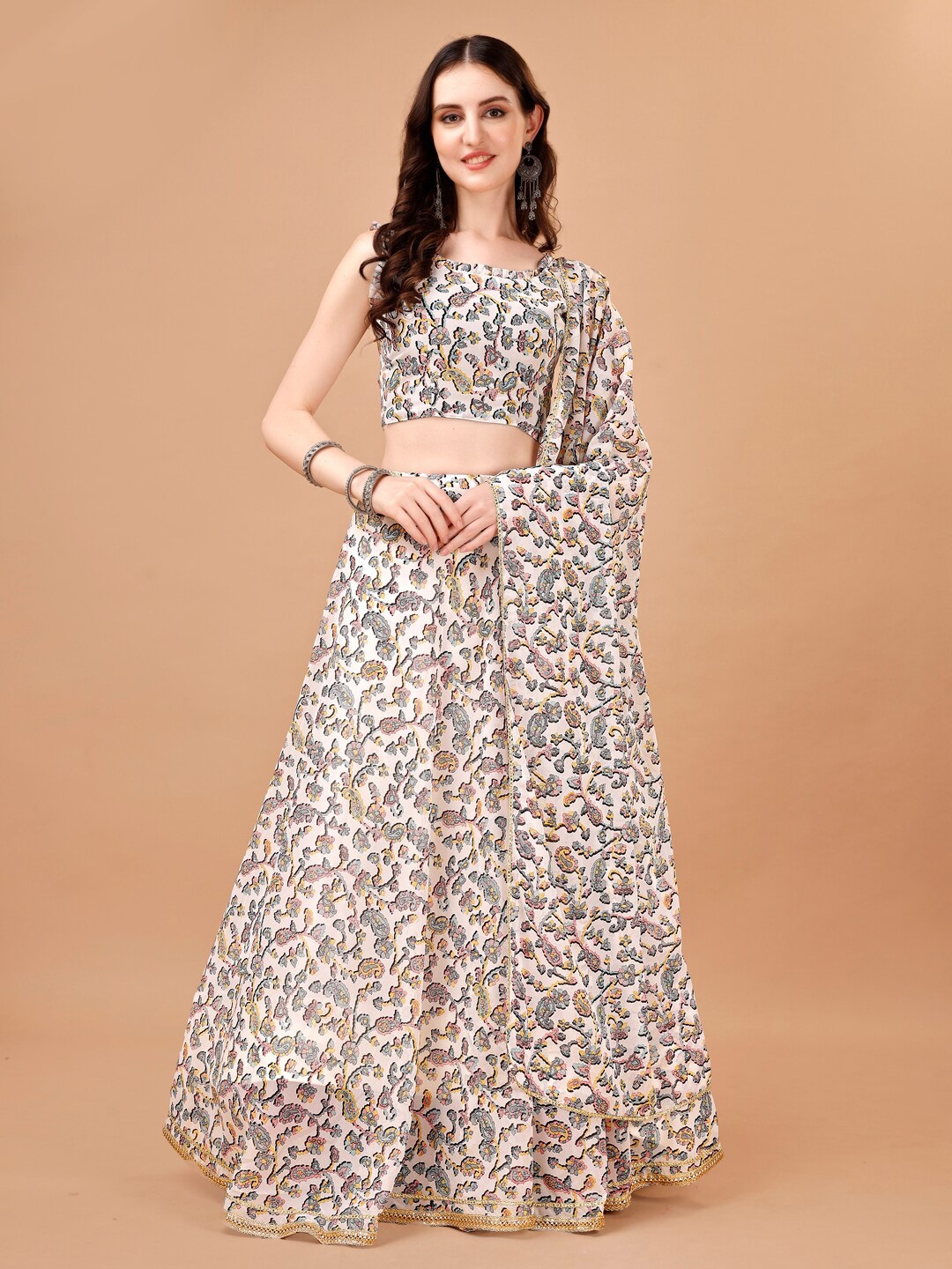 

KALINI Printed Georgette Semi-Stitched Lehenga & Unstitched Blouse With Dupatta, Grey