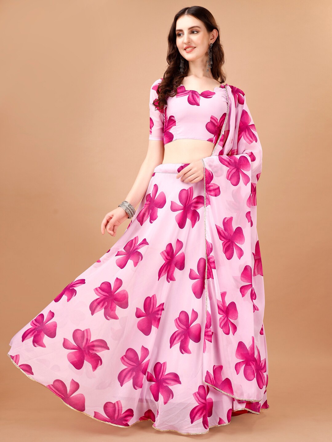 

KALINI Floral Printed V-Neck Semi Stitched Lehenga & Unstitched Blouse With Dupatta, Pink