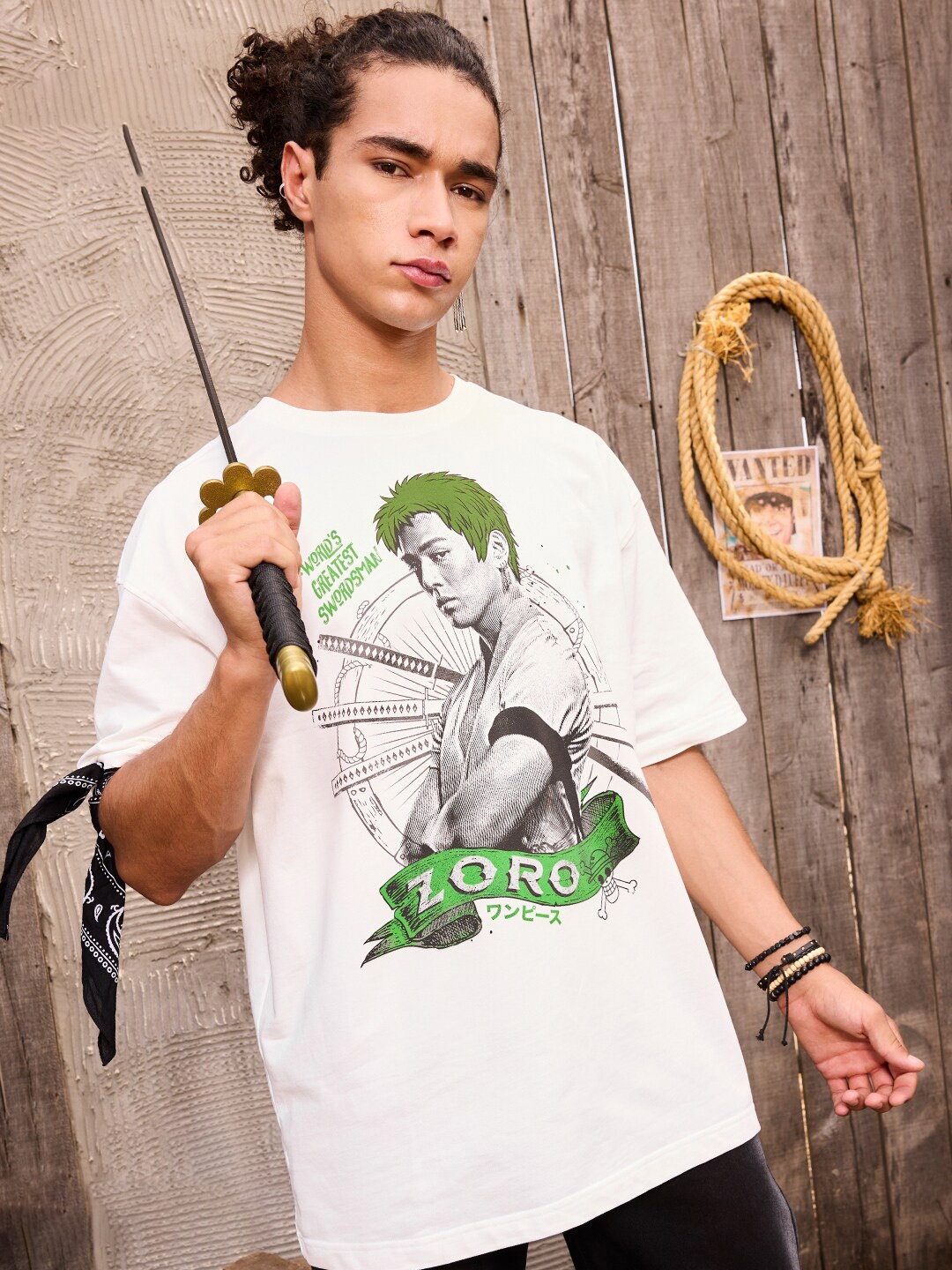 

The Souled Store One Piece: Roronoa Zoro Graphic Printed Cotton Oversized T-shirt, White