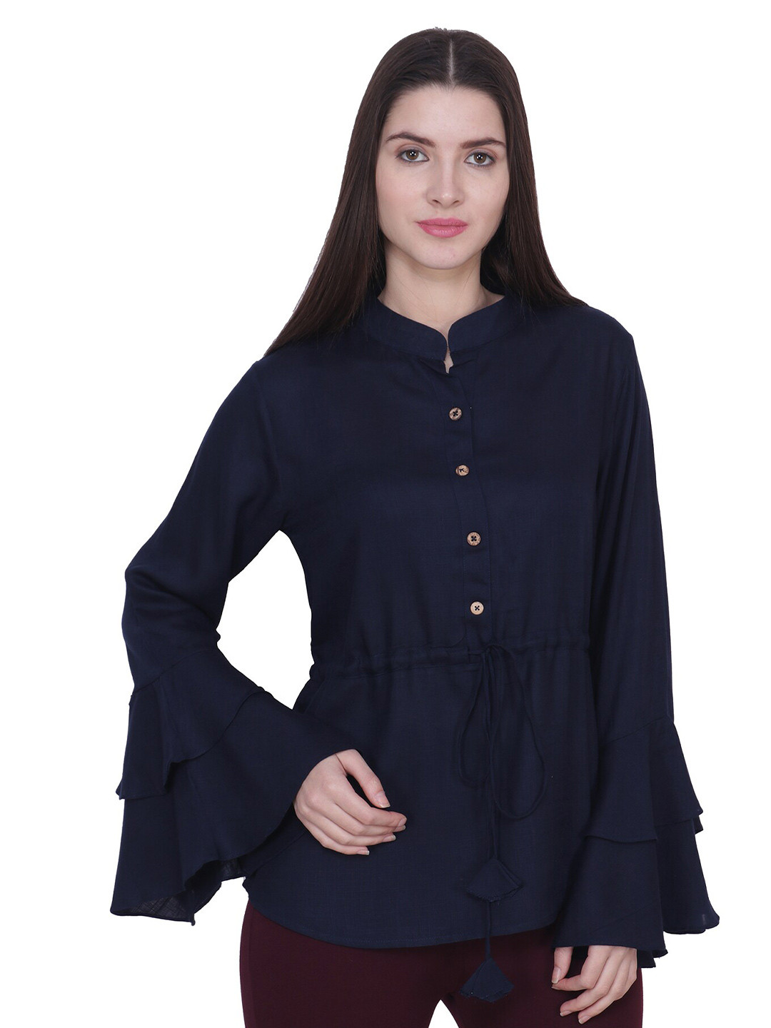 

BAESD Mandarin Collar Bell Sleeves Cinched Waist Top, Black